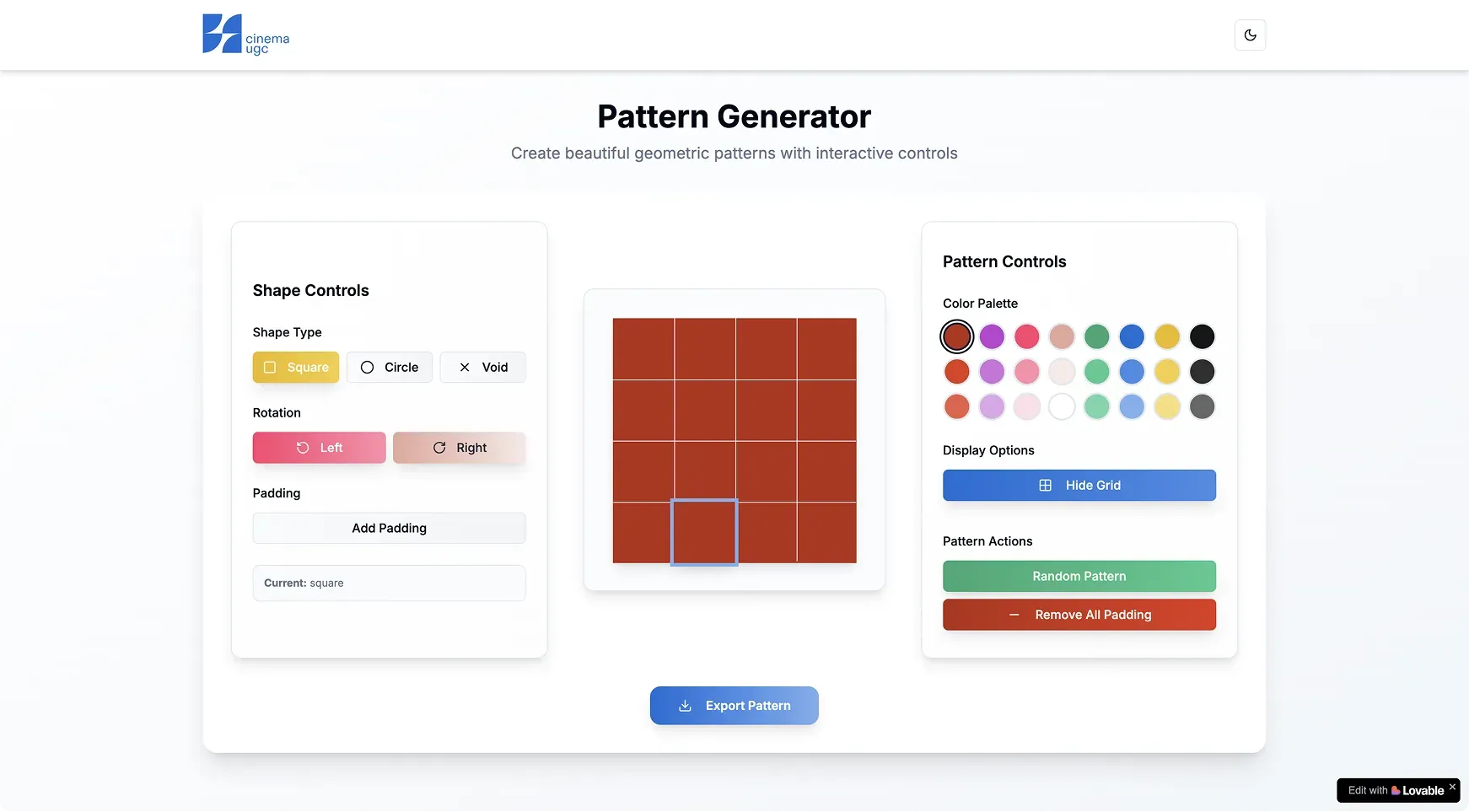 Interface d'un générateur de patterns géométriques interactif "Cinema UGC" avec contrôles de forme, rotation et palette de couleurs