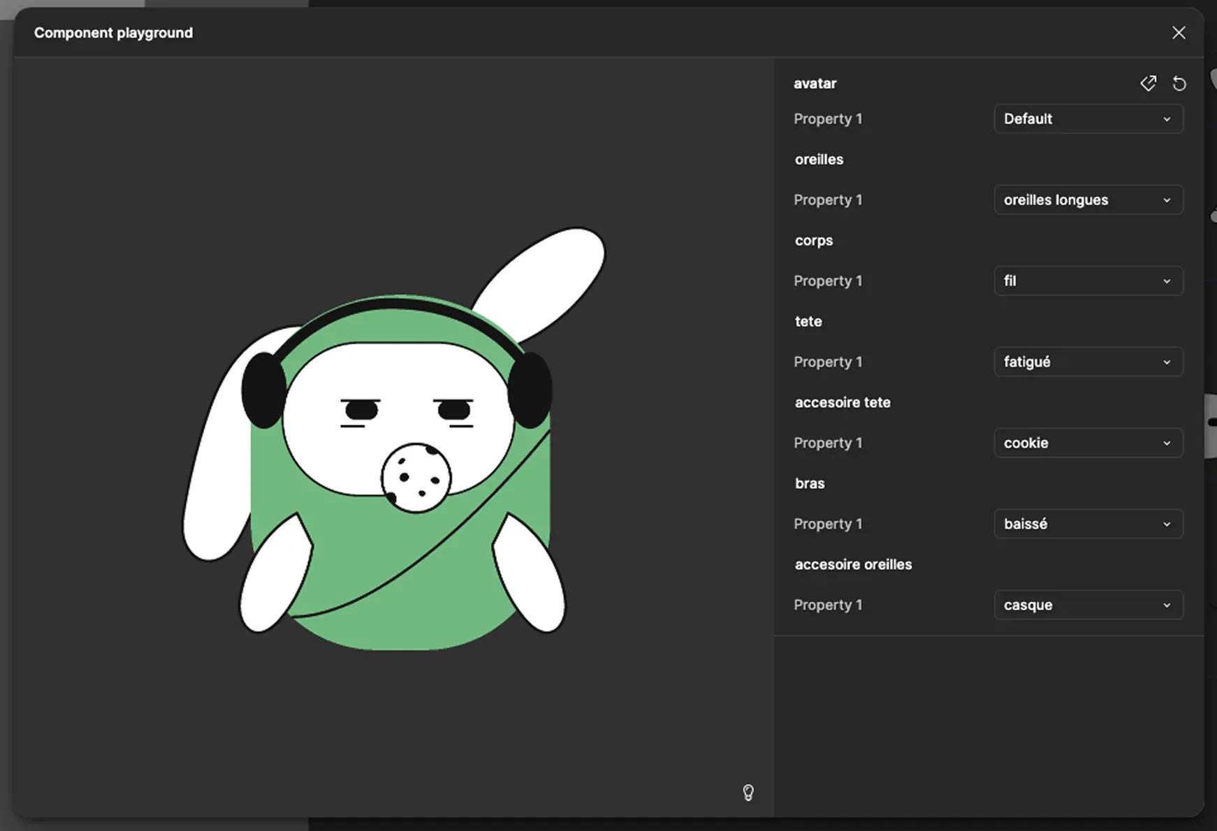Interface Figma d'un composant avatar Amigo personnalisable, options oreilles, corps, tête et accessoires