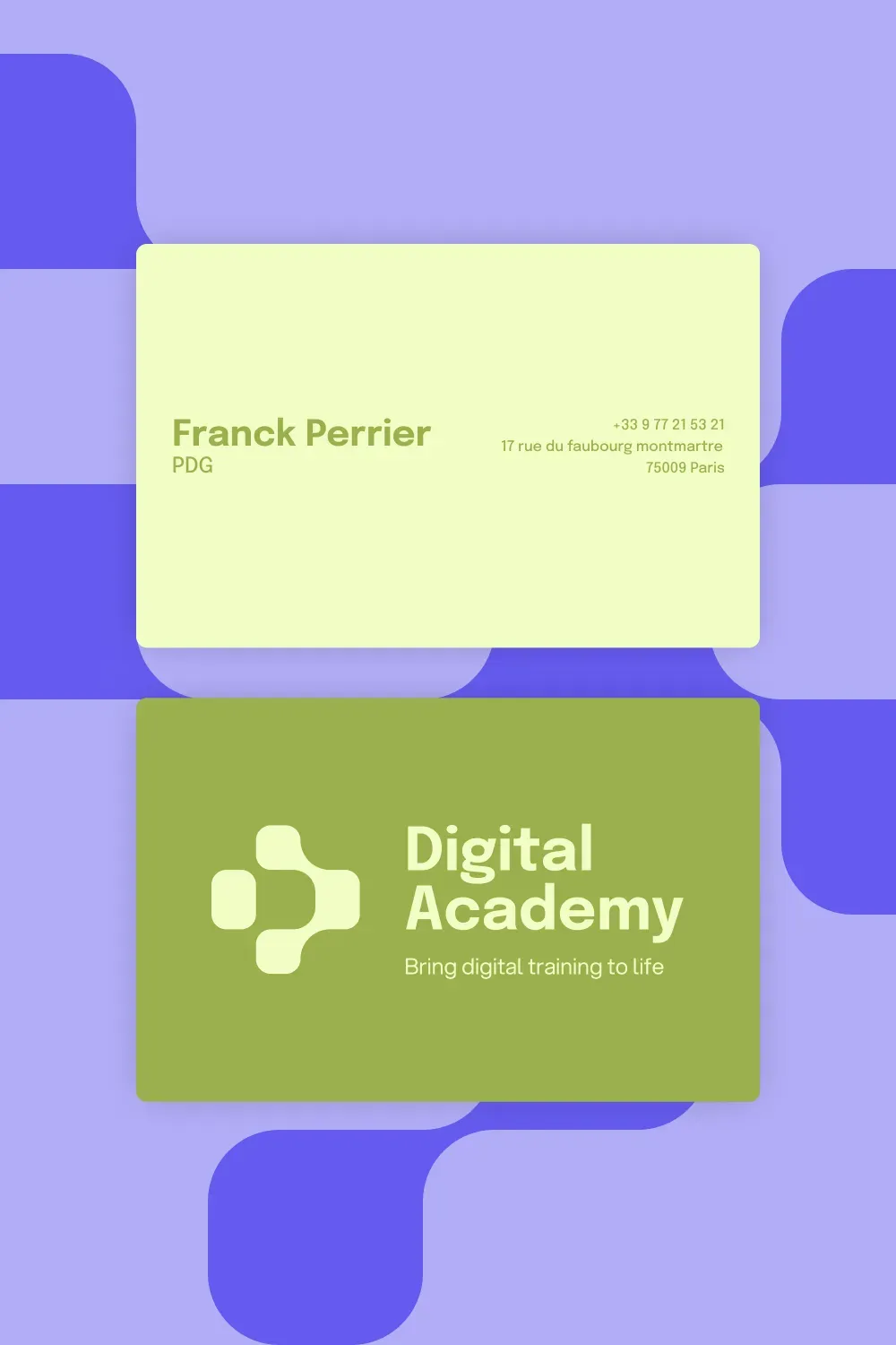 Carte de visite Digital Academy de Franck Perrier, PDG, sur fond violet avec motif de formes arrondies