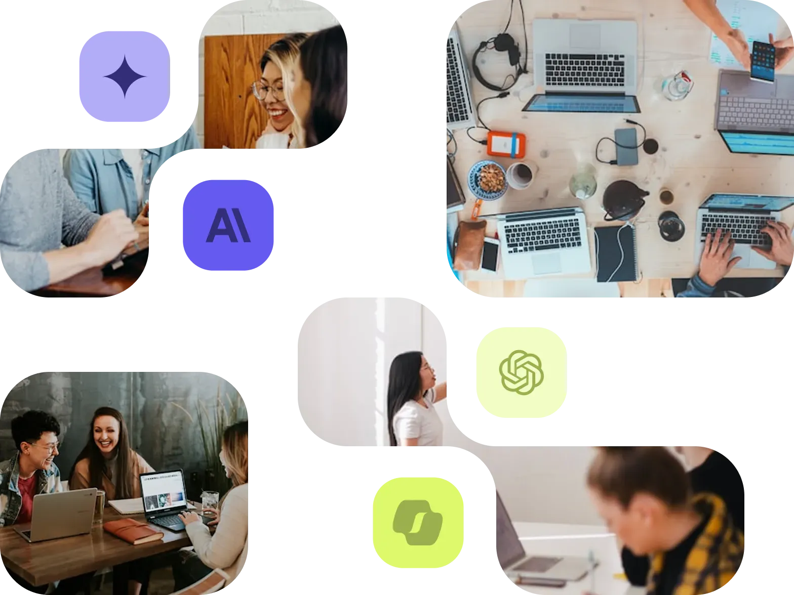 Collage de photos de collaboration en équipe et icônes d'outils IA (Adobe, ChatGPT), fond transparent