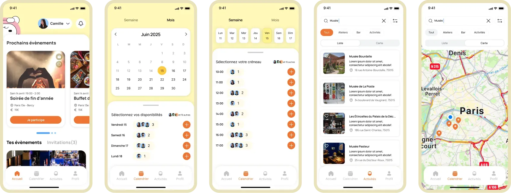 Cinq écrans de l'application Amigo — accueil événements, calendrier de disponibilités et carte interactive de Paris