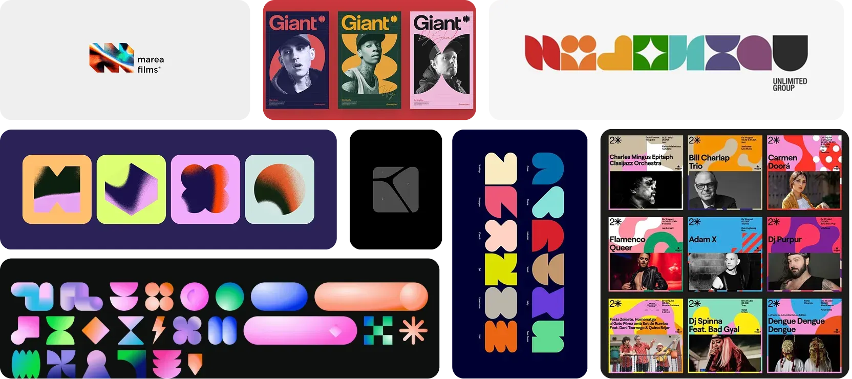 Planche de références de branding et logos colorés — Marea Films, Giant, formes géométriques abstraites et pochettes d'albums musicaux