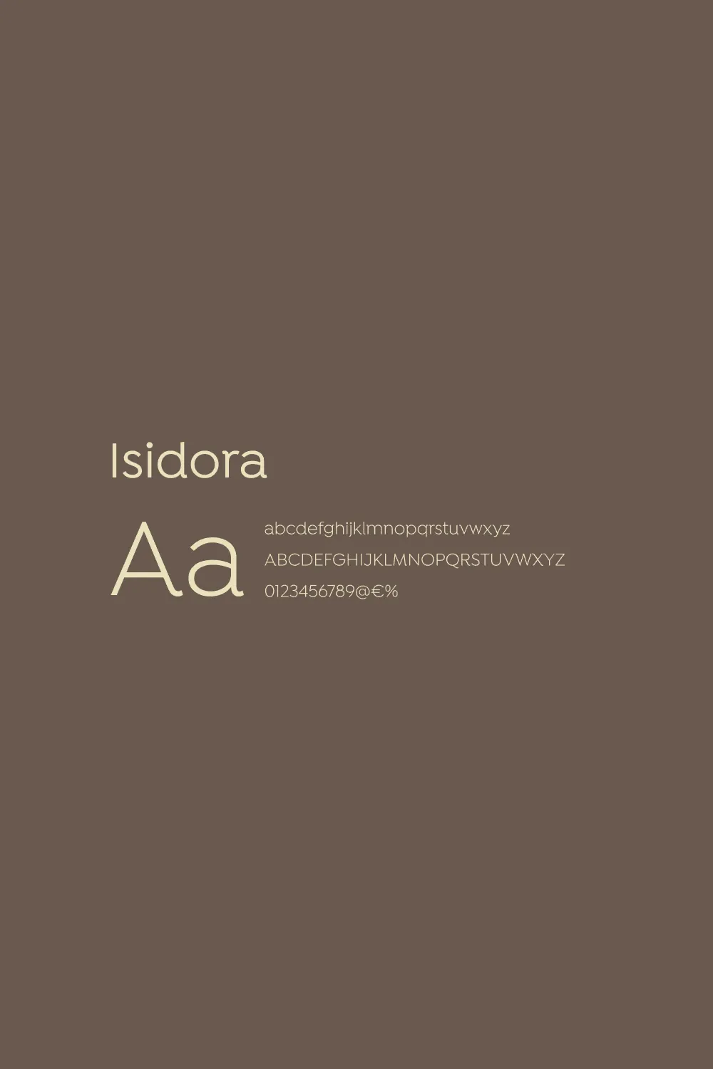 Fiche de présentation de la typographie Isidora sur fond marron, alphabet complet et chiffres, projet SBA