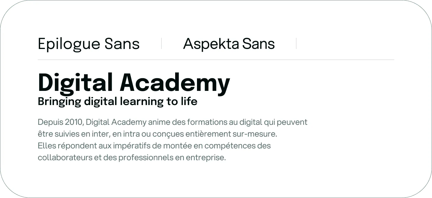 Fiche présentant les typographies Epilogue Sans et Aspekta Sans avec description de la marque Digital Academy