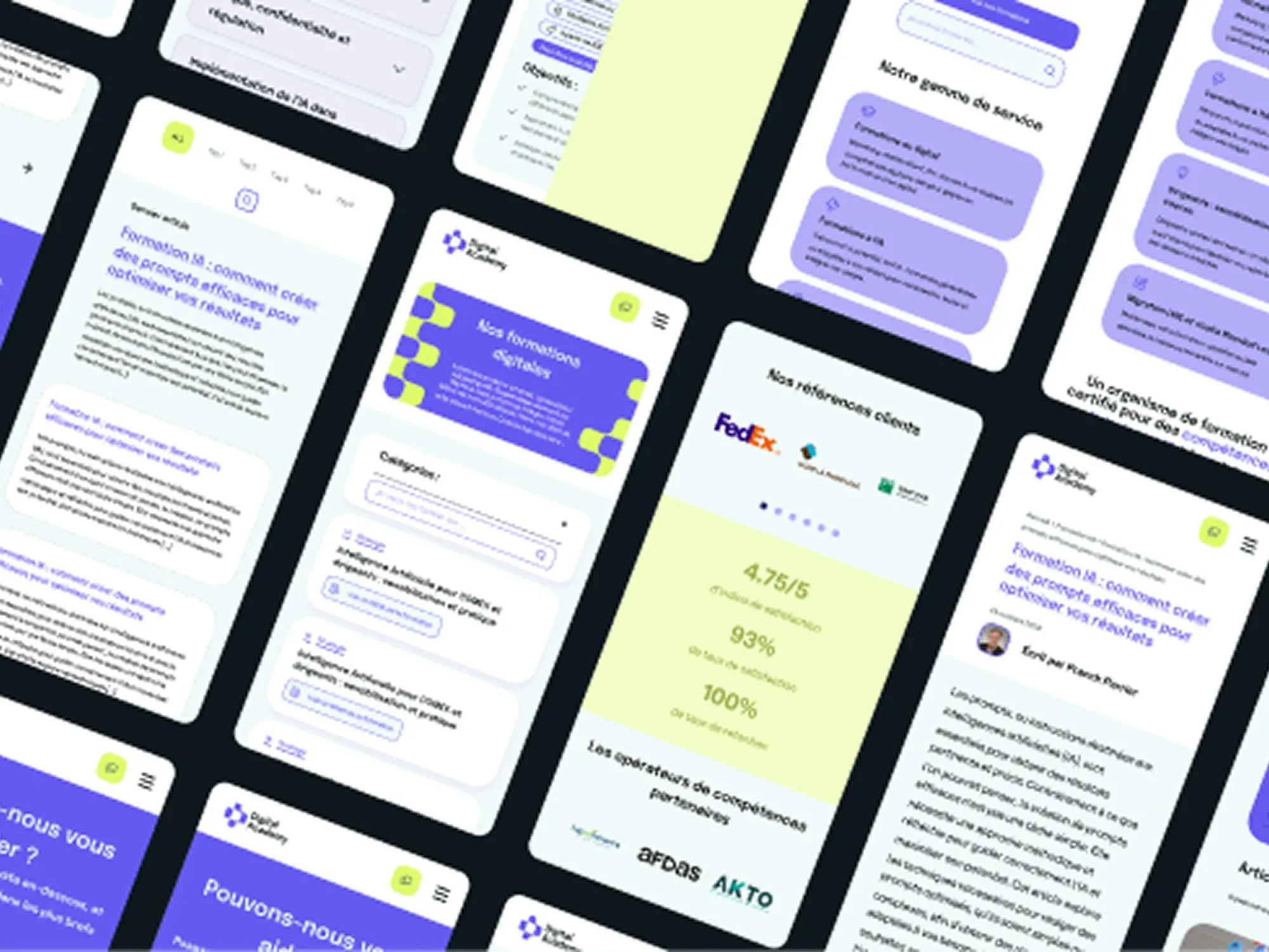 Mosaïque de pages mobiles Digital Academy — formations digitales, avis clients FedEx et statistiques de satisfaction, projet DAC