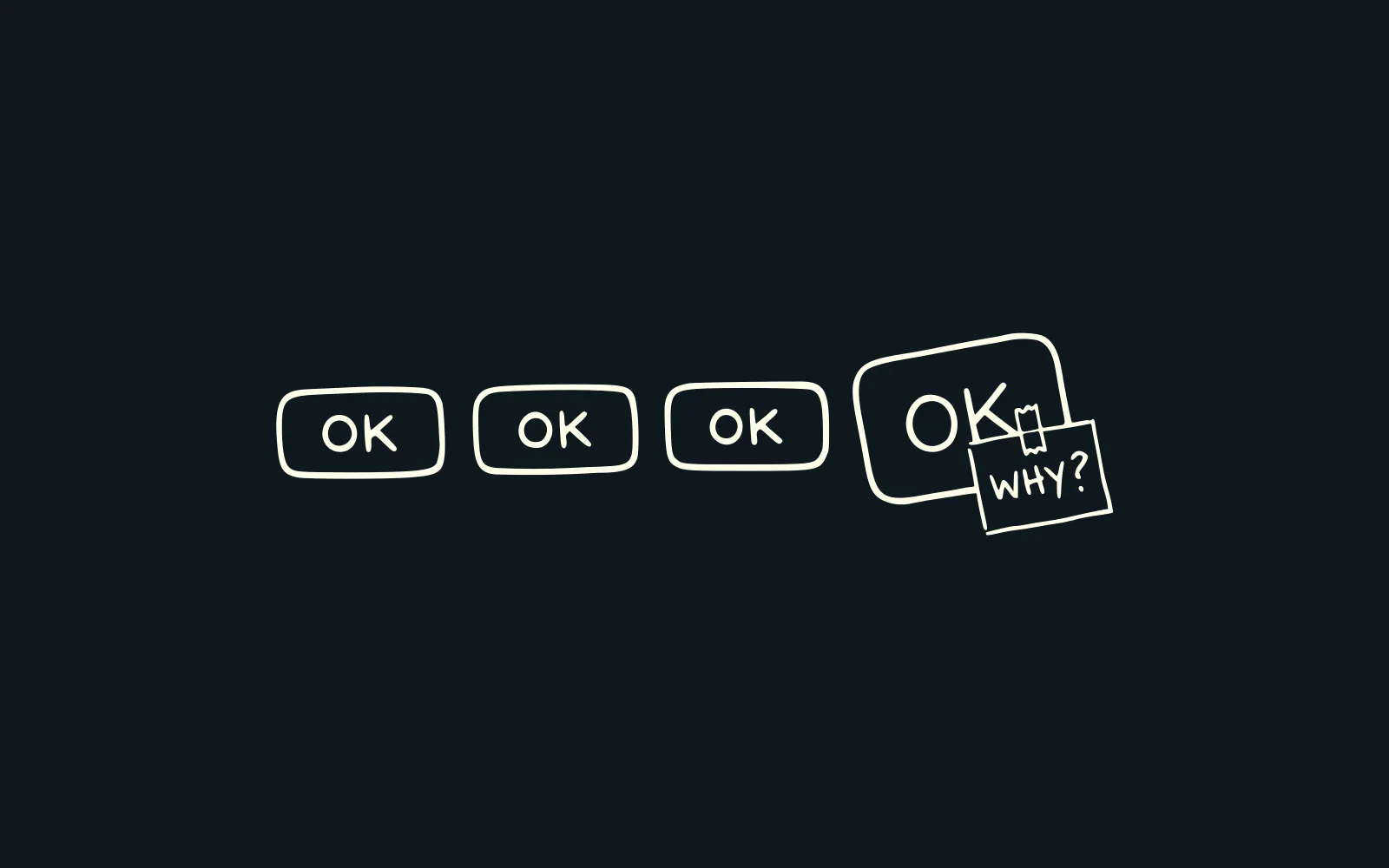 Dessin au trait : trois boutons « OK » identiques et un quatrième de travers, avec un post-it « WHY? »