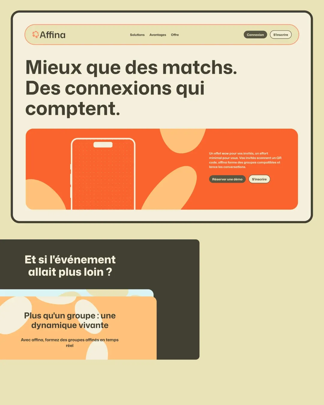 Maquette de la landing page Affina, titre « Mieux que des matchs. Des connexions qui comptent. » et bloc mobile « Et si l'événement allait plus loin ? »