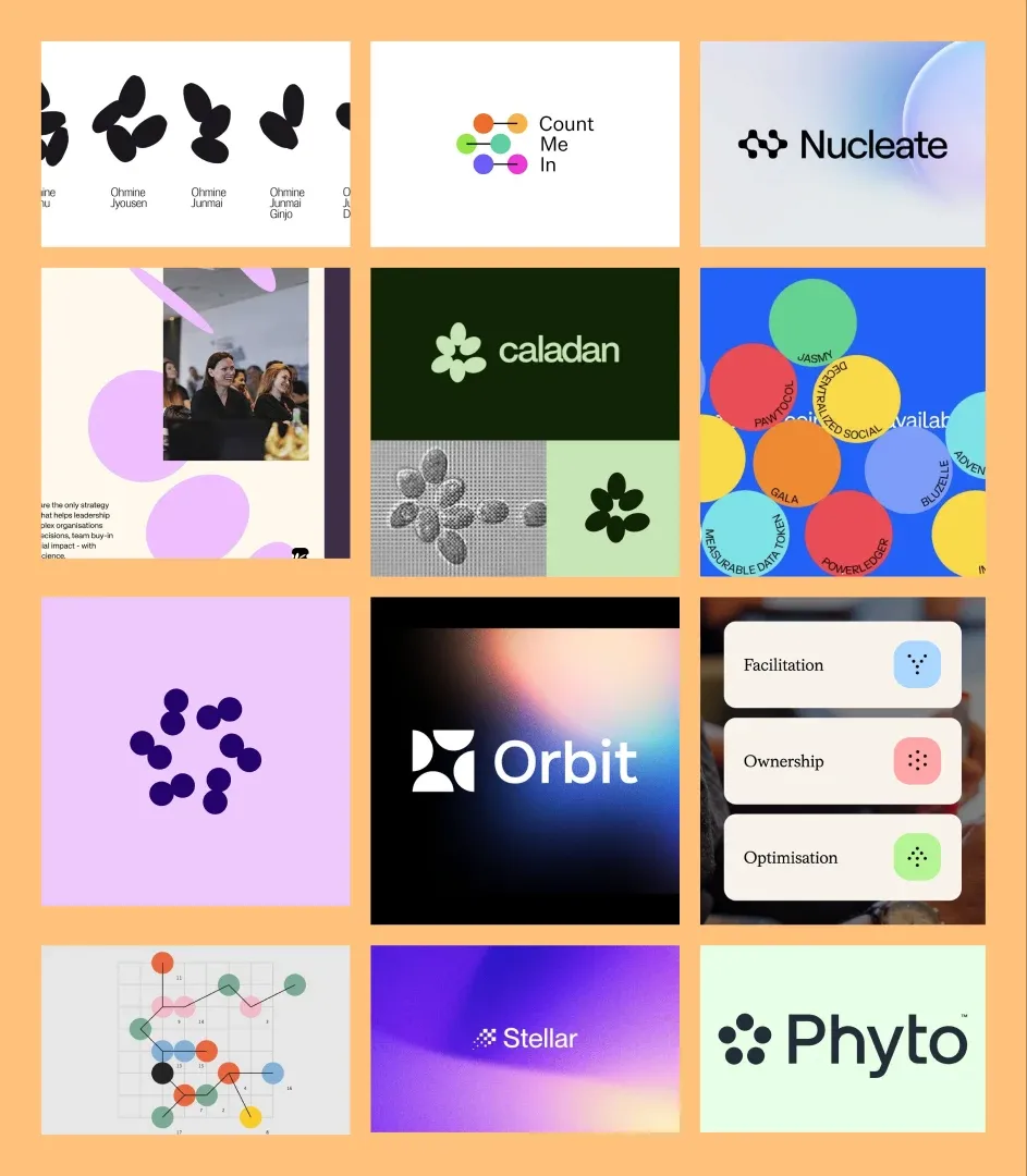 Moodboard du projet : formes organiques, points regroupés, aplats colorés et références d'identités de marques tech