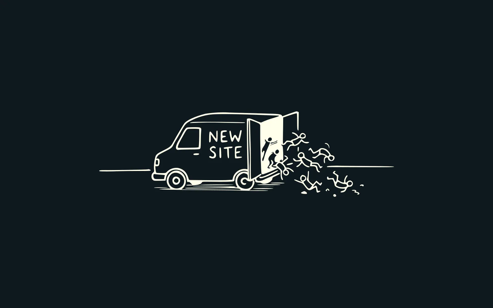Dessin au trait : une camionnette « NEW SITE » qui s'éloigne, portes ouvertes, en semant ses visiteurs sur la route