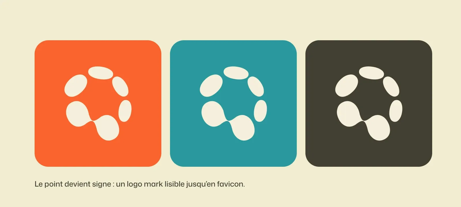 Le logo mark Affina en crème sur trois carrés arrondis orange, bleu-vert et noir