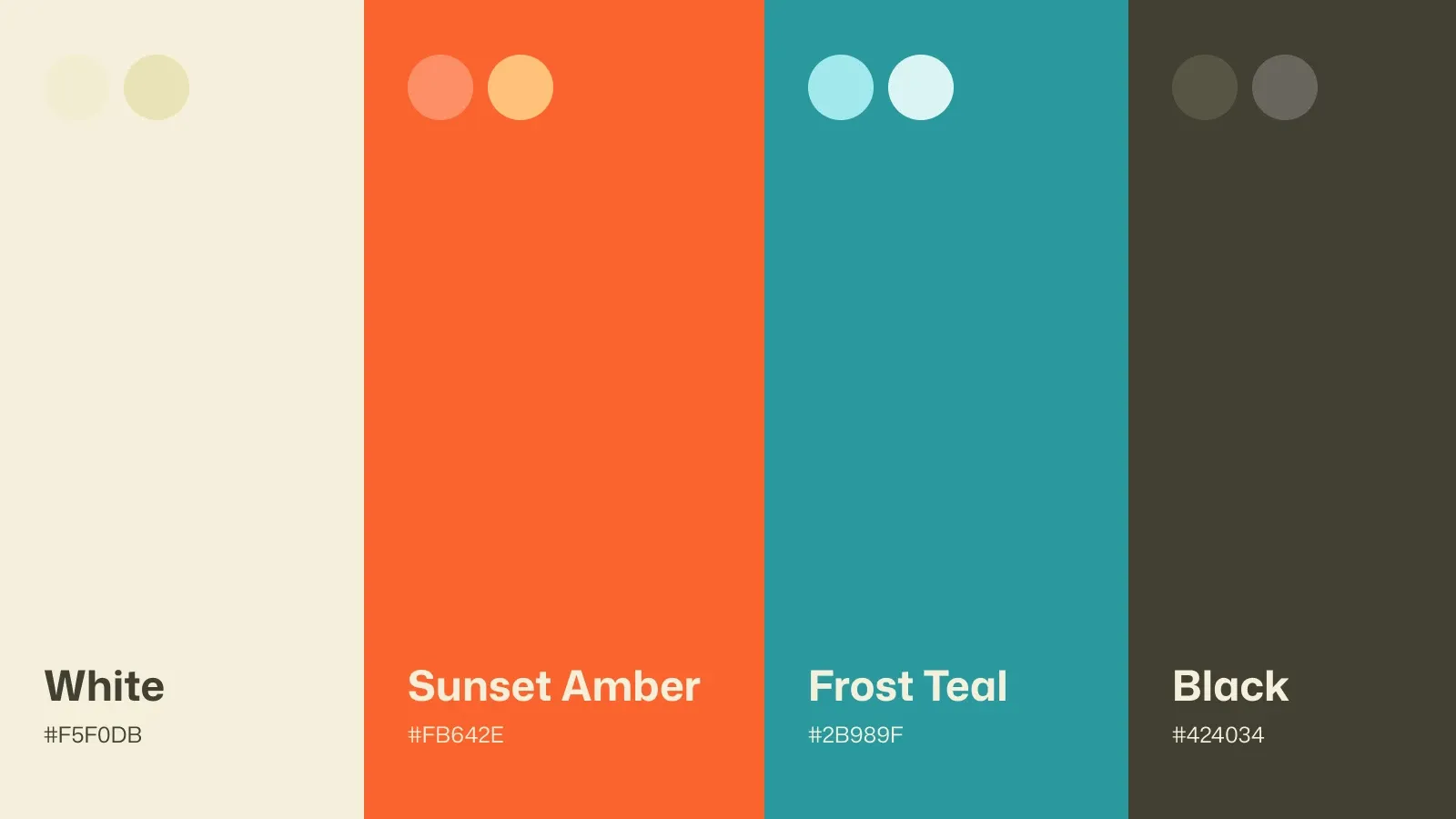 Palette Affina en quatre bandes : White #F5F0DB, Sunset Amber #FB642E, Frost Teal #2B989F et Black #424034, avec leurs nuances