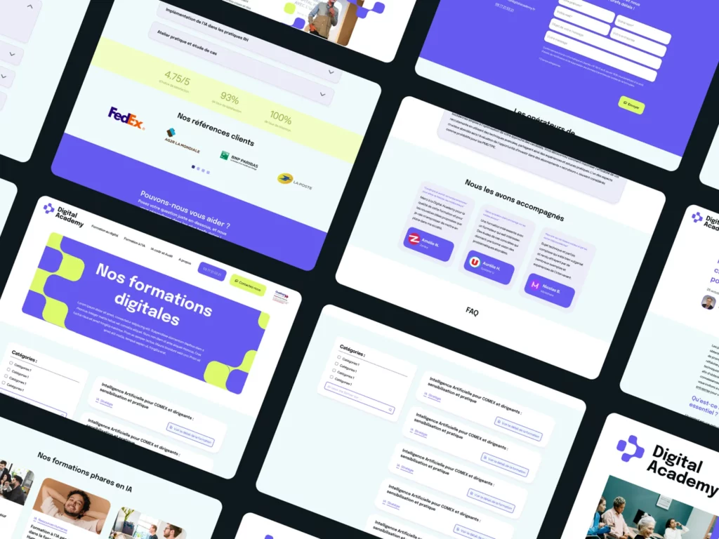 Mosaïque de pages desktop du site Digital Academy — formations digitales, références clients, FAQ et partenaires