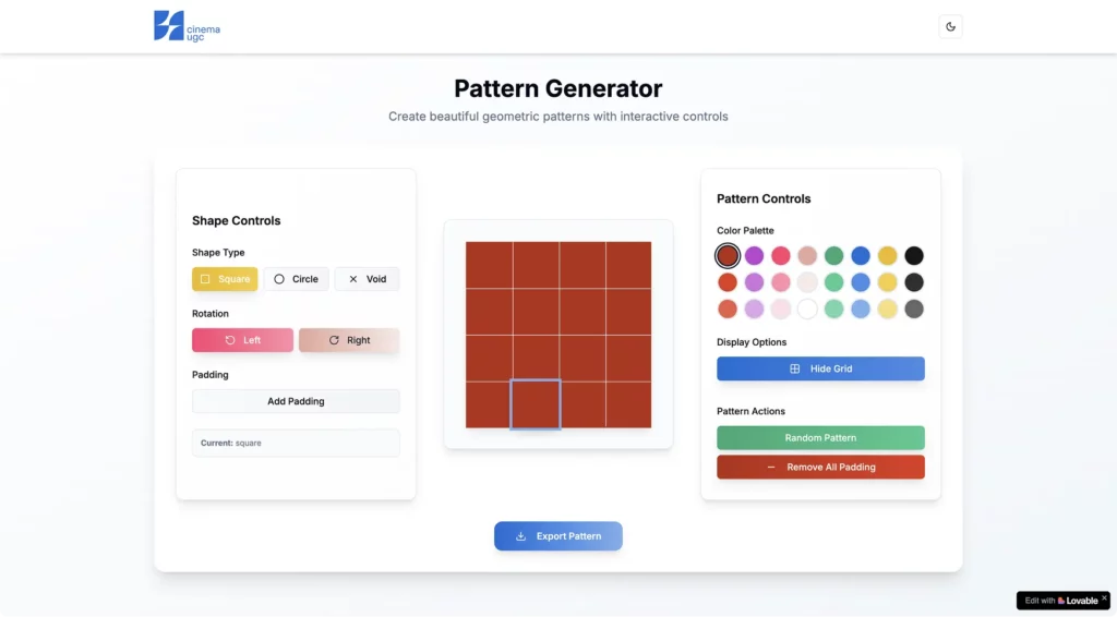 Interface d'un générateur de patterns géométriques interactif "Cinema UGC" avec contrôles de forme, rotation et palette de couleurs
