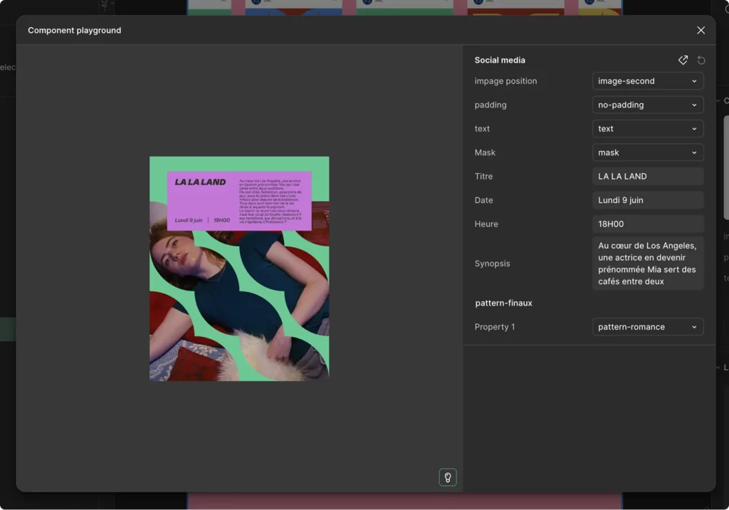 Interface Figma montrant un composant de post social media personnalisable, template "La La Land" avec options de mise en page