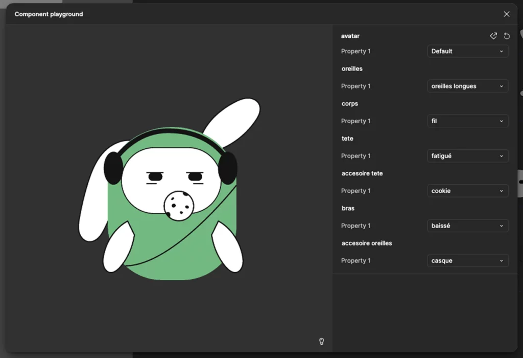 Interface Figma d'un composant avatar Amigo personnalisable, options oreilles, corps, tête et accessoires