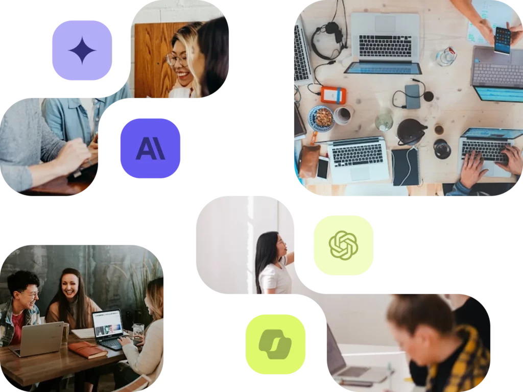 Collage de photos de collaboration en équipe et icônes d'outils IA (Adobe, ChatGPT), fond transparent