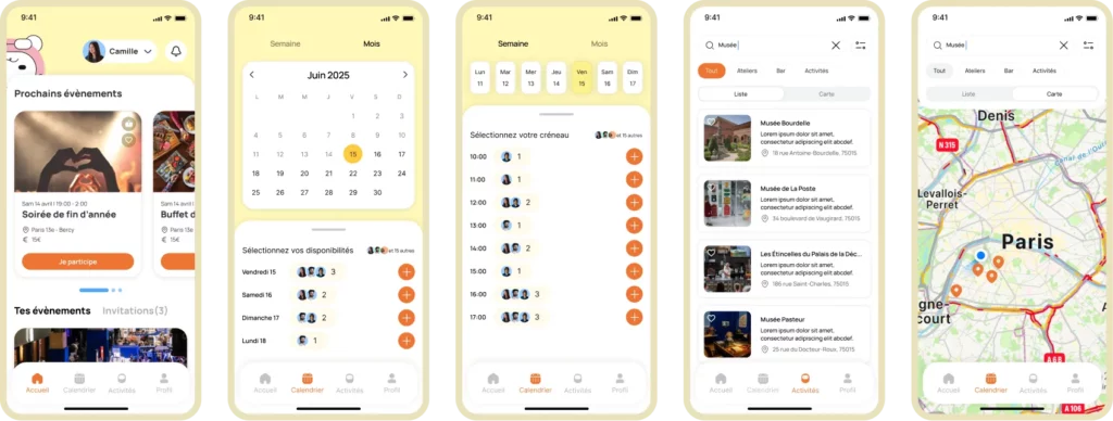 Cinq écrans de l'application Amigo — accueil événements, calendrier de disponibilités et carte interactive de Paris