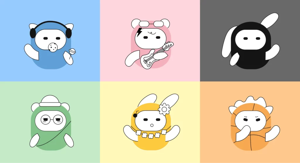 Planche de six mascottes illustrées Amigo aux personnalités variées, fonds colorés pastel