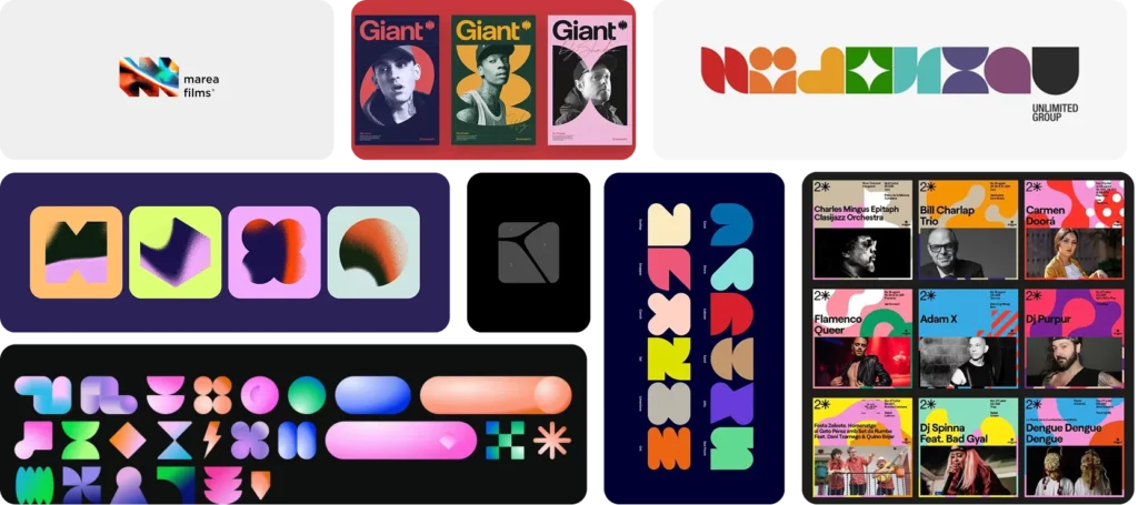 Planche de références de branding et logos colorés — Marea Films, Giant, formes géométriques abstraites et pochettes d'albums musicaux