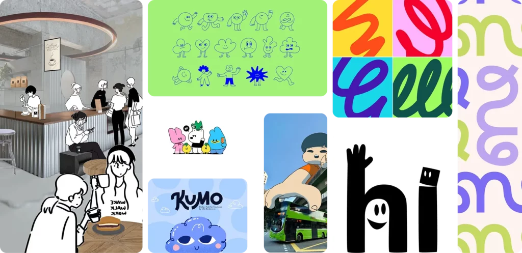 Planche de références graphiques et illustrations pour mascottes Amigo — personnages doodle, typographie et mood board coloré