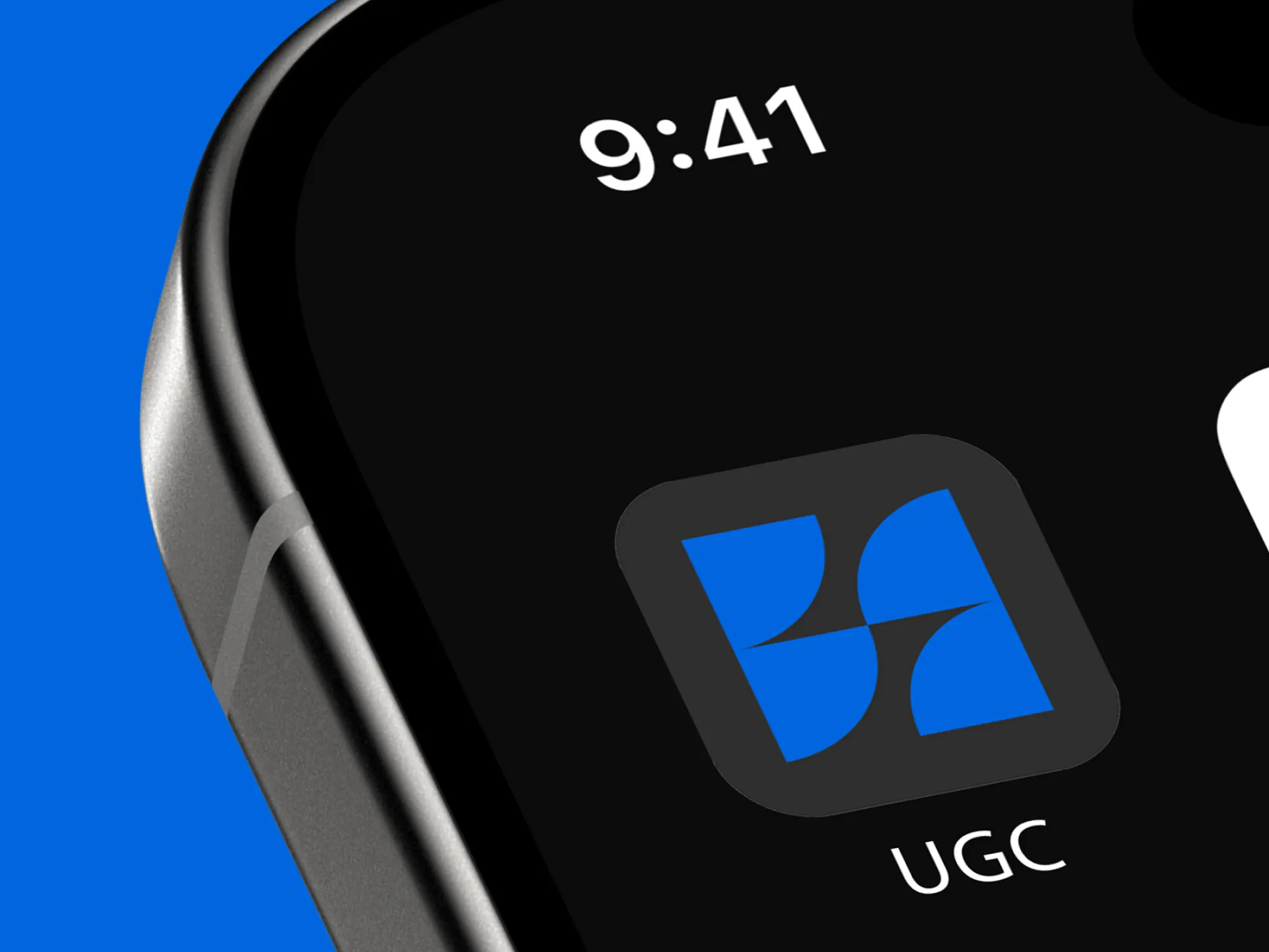 Icône bleue de l'application UGC affichée sur l'écran d'accueil d'un smartphone, gros plan