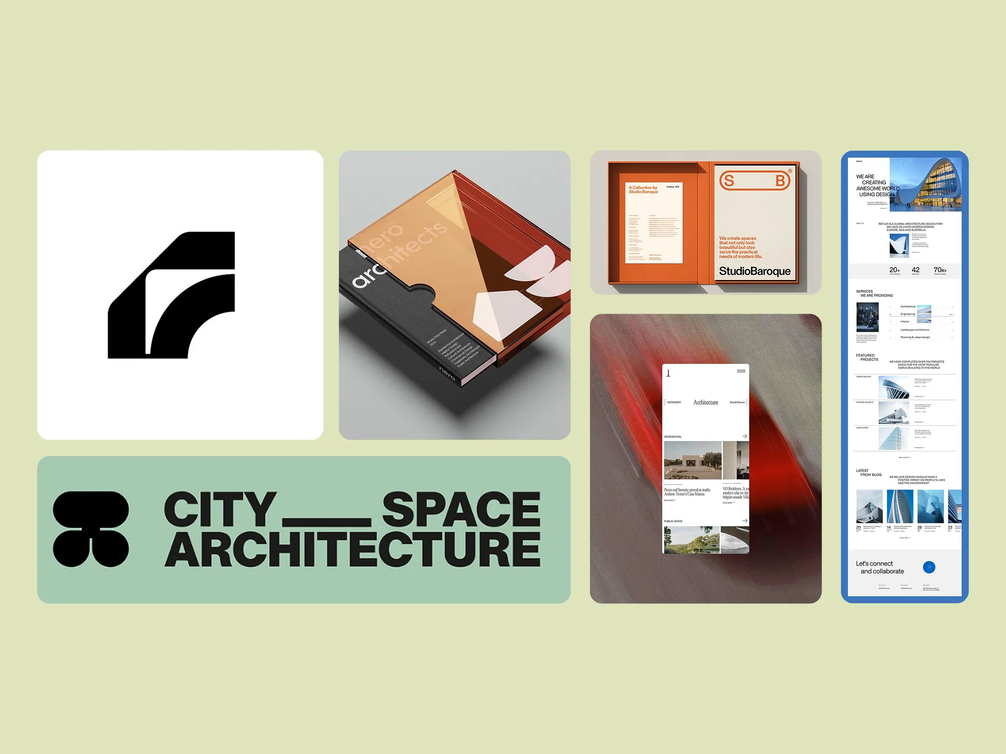 Planche de références de branding architecture — logos, packaging, brochure StudioBaroque et mockup site web mobile