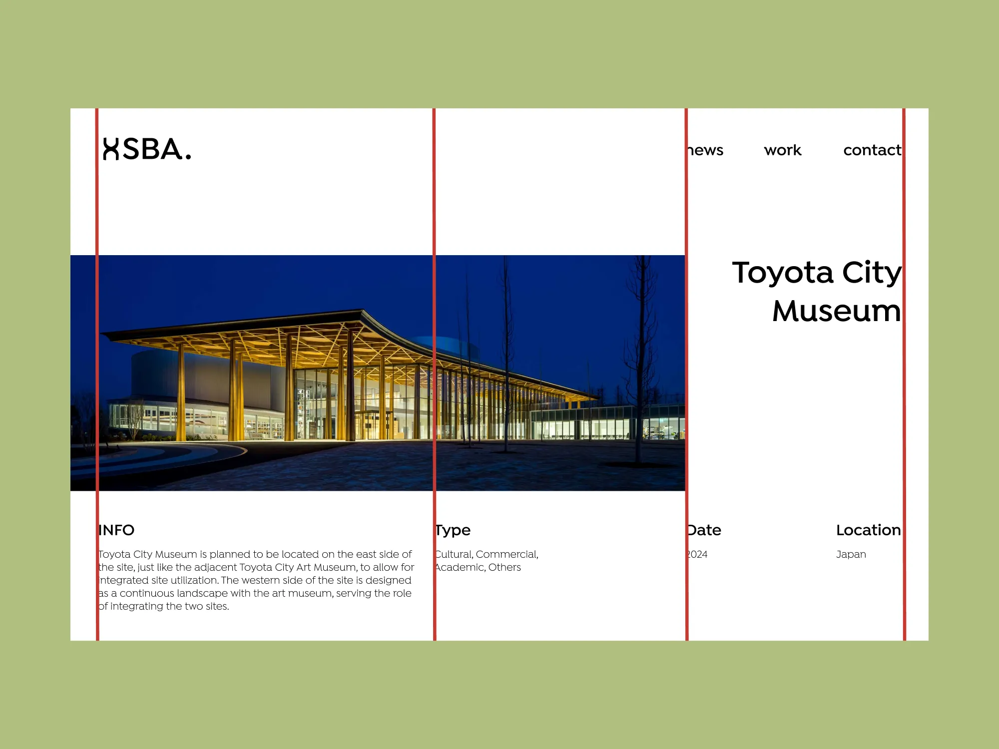 Page projet du site SBA présentant le Toyota City Museum, bâtiment architectural illuminé la nuit avec grille de mise en page