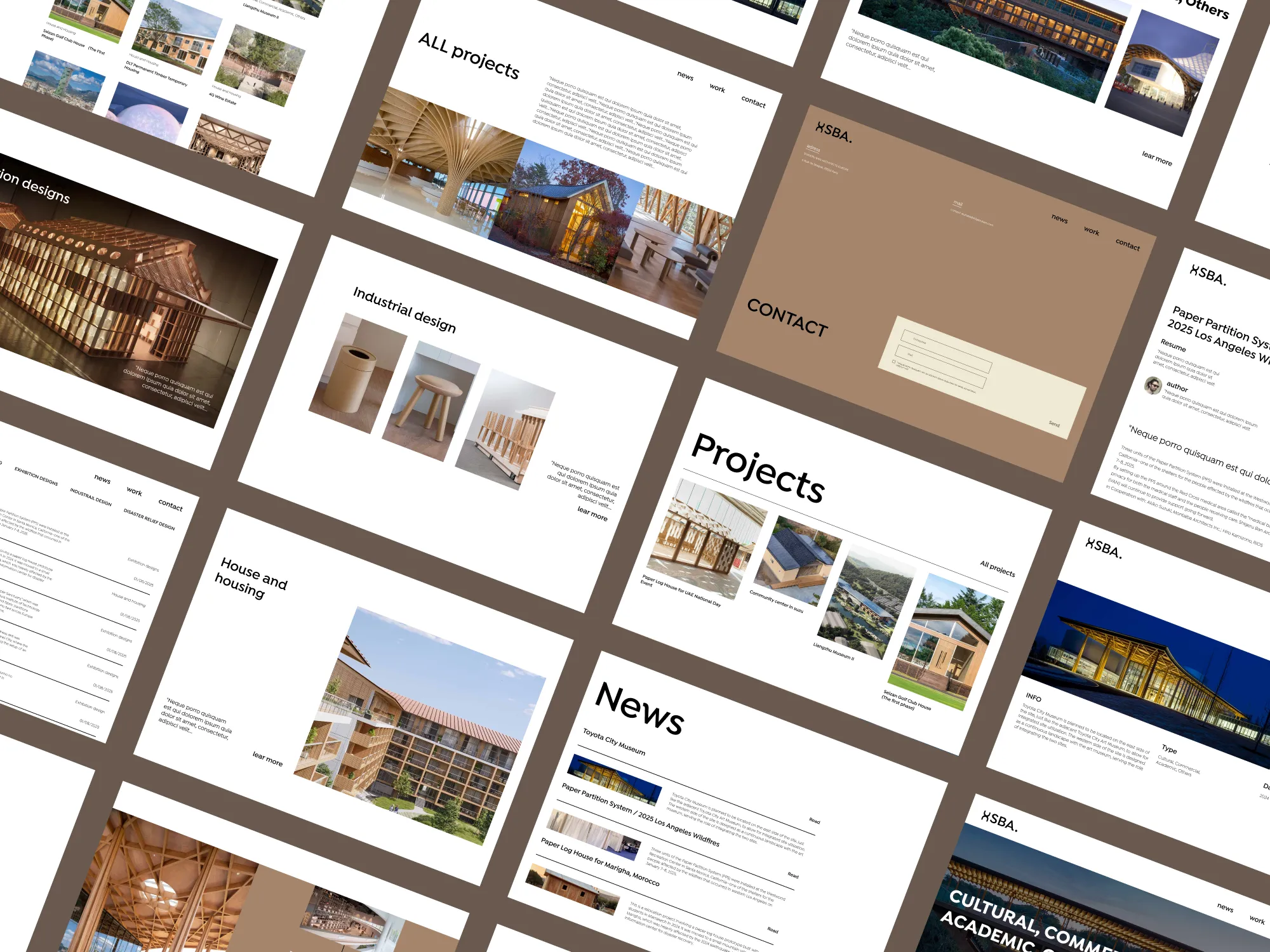 Aperçu des différentes pages du site web SBA en mosaïque — projets, design industriel, contact et actualités architecture