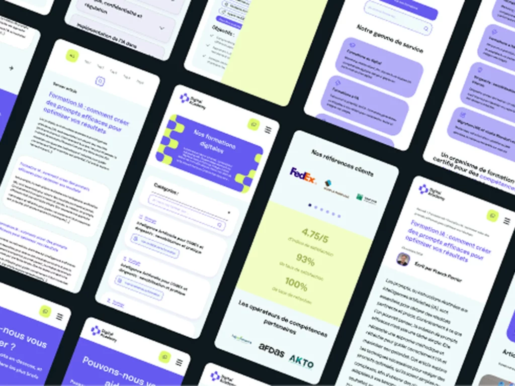 Mosaïque de pages mobiles Digital Academy — formations digitales, avis clients FedEx et statistiques de satisfaction, projet DAC