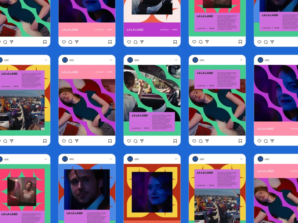 Grille de templates de posts Instagram colorés sur le thème du film La La Land, mise en page UGC multicolore